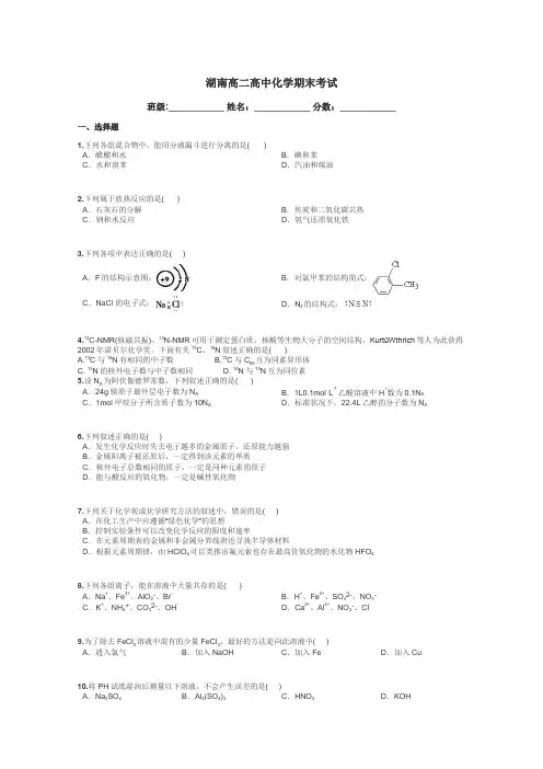 湖南高二高中化学期末考试带答案解析
