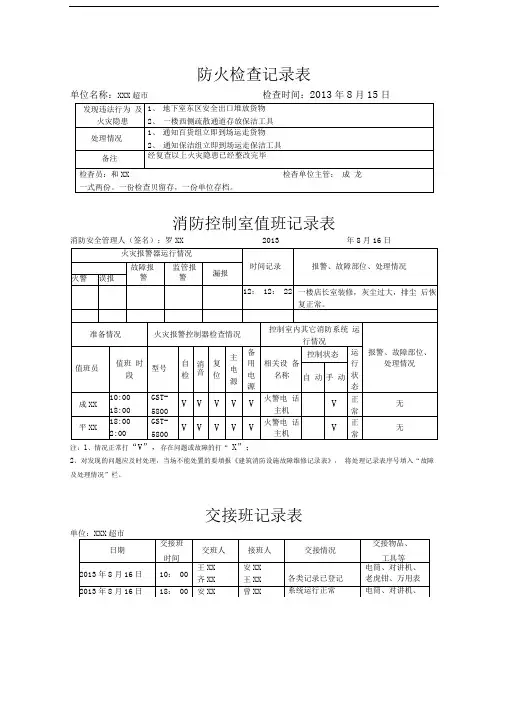 消防控制中心常用交接班记录表范文