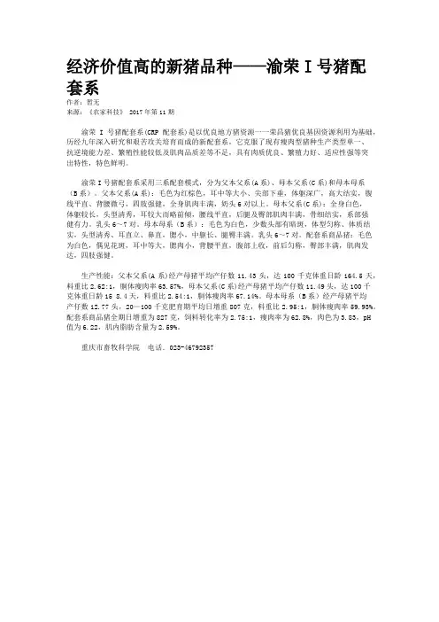 经济价值高的新猪品种——渝荣I号猪配套系