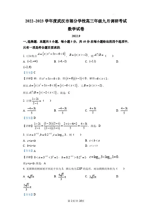 湖北省武汉市部分学校2022-2023学年高三上学期九月调研考试数学试题(解析版)
