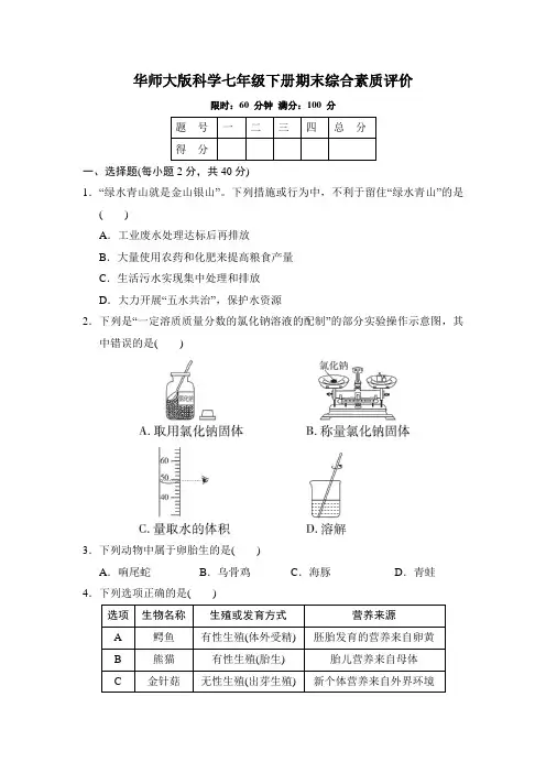 华师大版科学七年级下册期末综合素质评价
