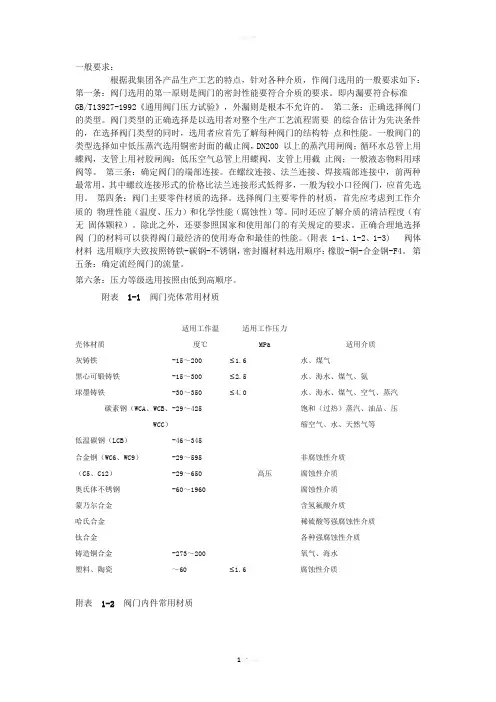 阀门选用的一般要求
