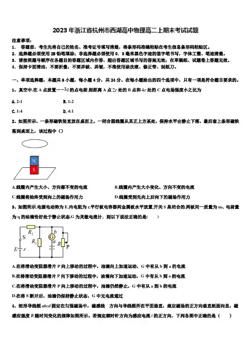 2023年浙江省杭州市西湖高中物理高二上期末考试试题含解析