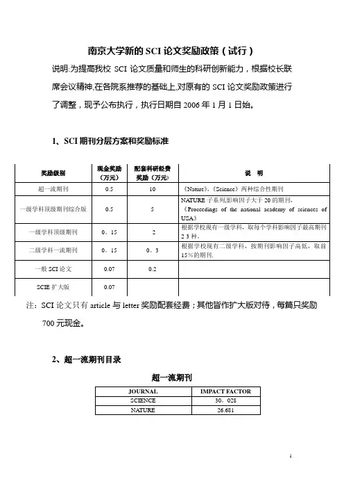 南京大学新的SCI论文奖励政策(试行)---精品管理资料