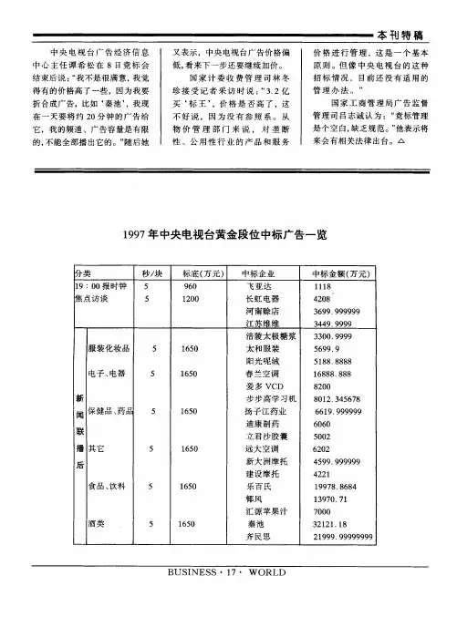 1997年中央电视台黄金段位中标广告一览
