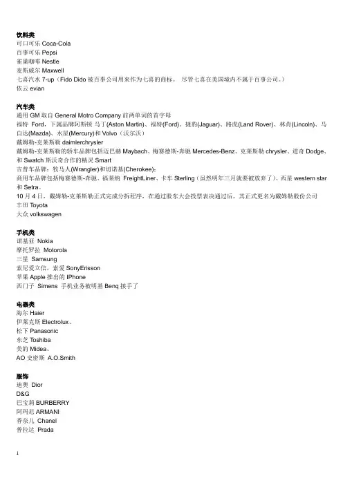 国际品牌的英文名对照