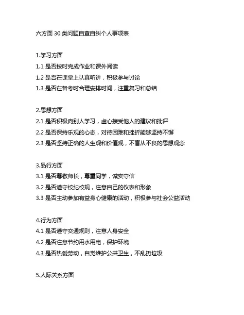六方面30类问题自查自纠个人事项表