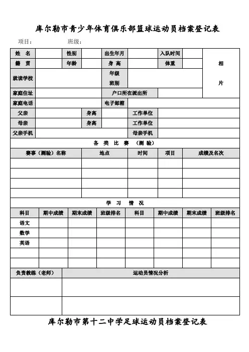 库尔勒市业余训练运动员档案登记表
