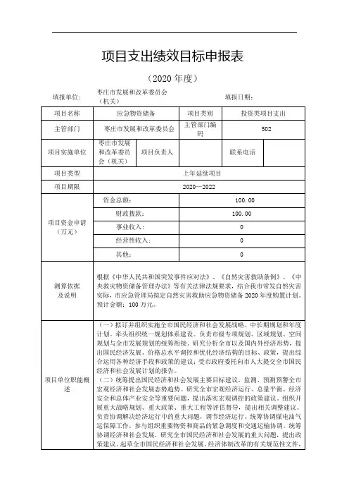 项目支出绩效目标申报表