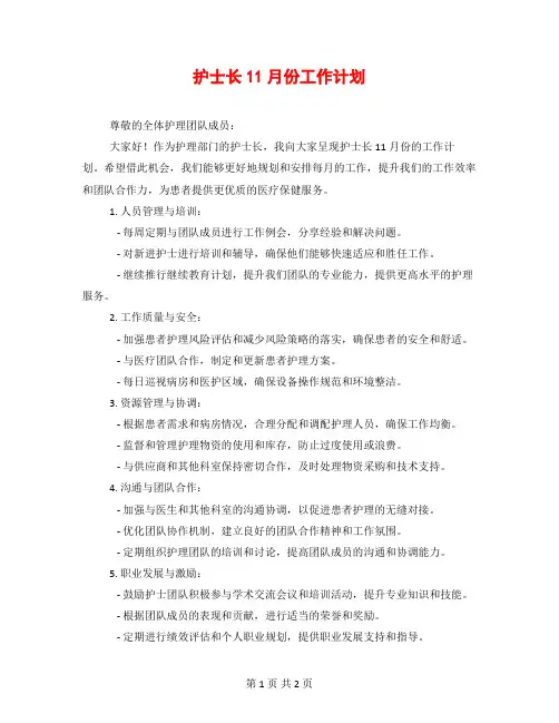 护士长11月份工作计划