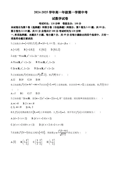 广东省深圳市2024-2025学年高一上学期期中考试数学试卷(含答案)