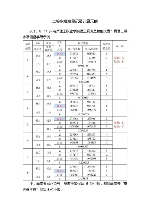 二等水准测量记录计算示例