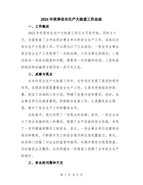 2024年秋季安全生产大检查工作总结