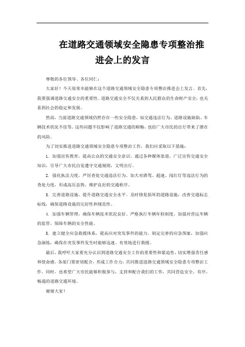 在道路交通领域安全隐患专项整治推进会上的发言