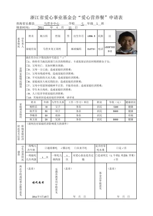 71爱心营养餐申请表