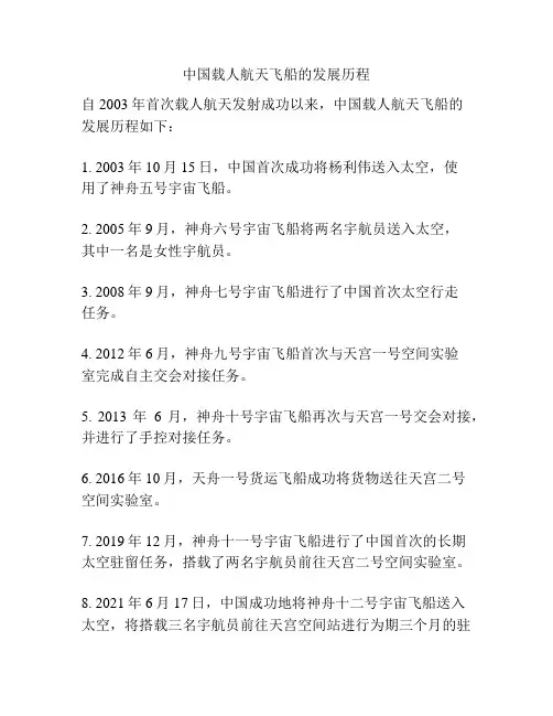 中国载人航天飞船的发展历程