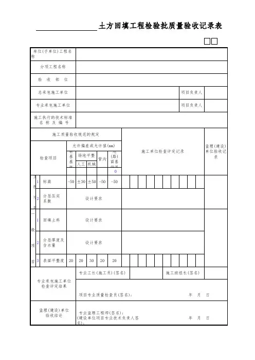 土方回填工程检验批质量验收记录表