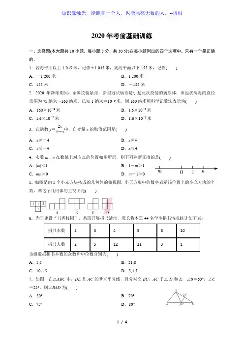 2020年广东数学中考基础冲刺训练10(含答案)
