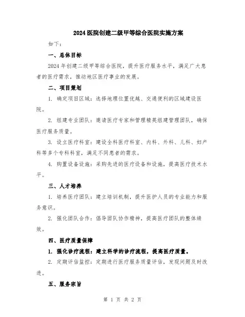 2024医院创建二级甲等综合医院实施方案