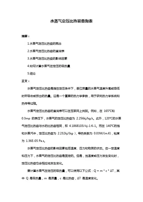 水蒸气定压比热容查询表