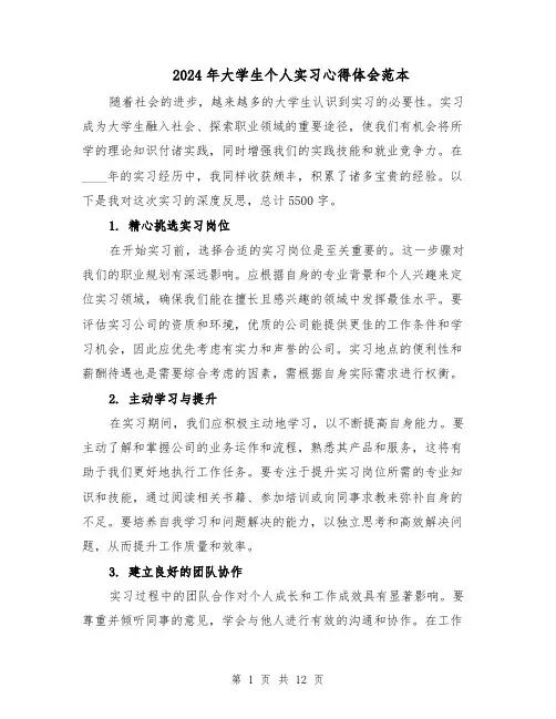 2024年大学生个人实习心得体会范本（6篇）