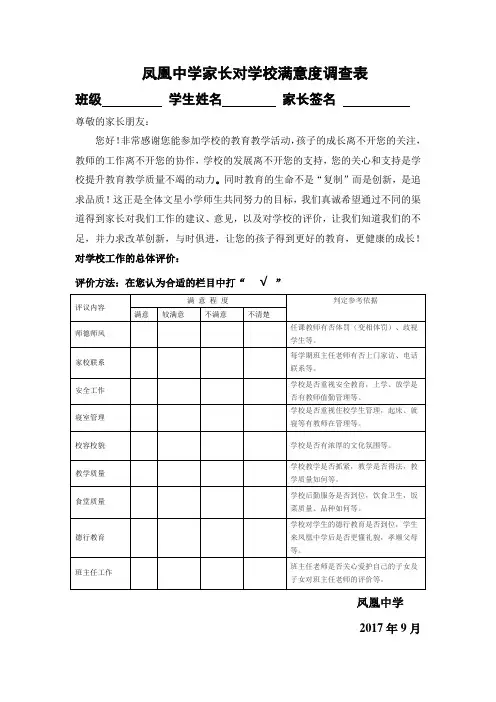 家长对学校满意度调查表