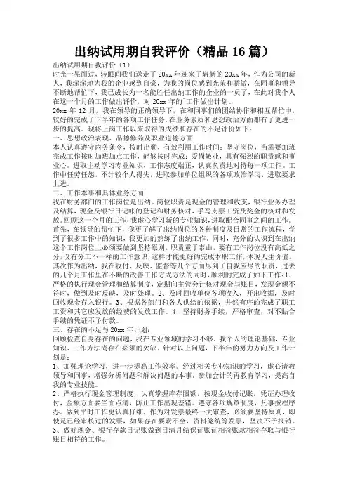 出纳试用期自我评价(精品16篇)