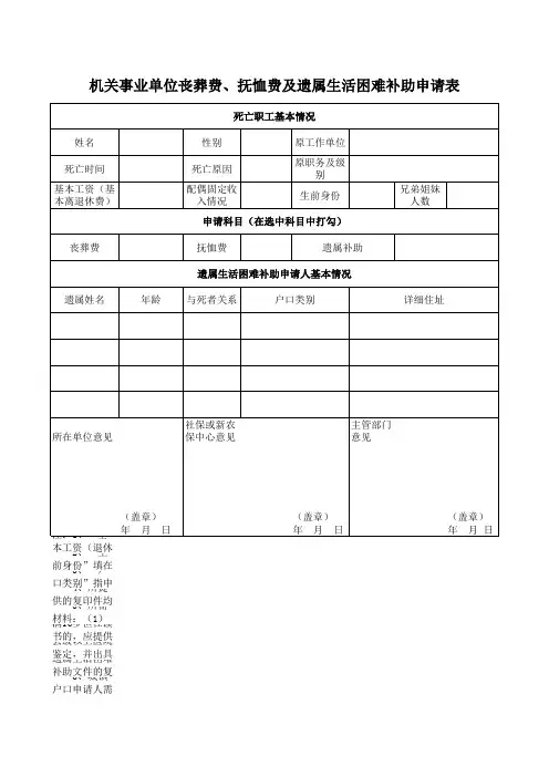 丧葬费、抚恤费及遗属生活困难补助申请表