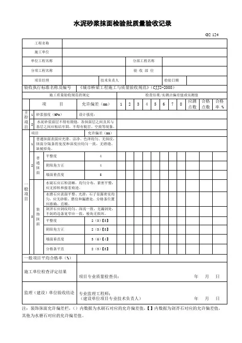 G2-124水泥砂浆抹面检验批质量验收记录