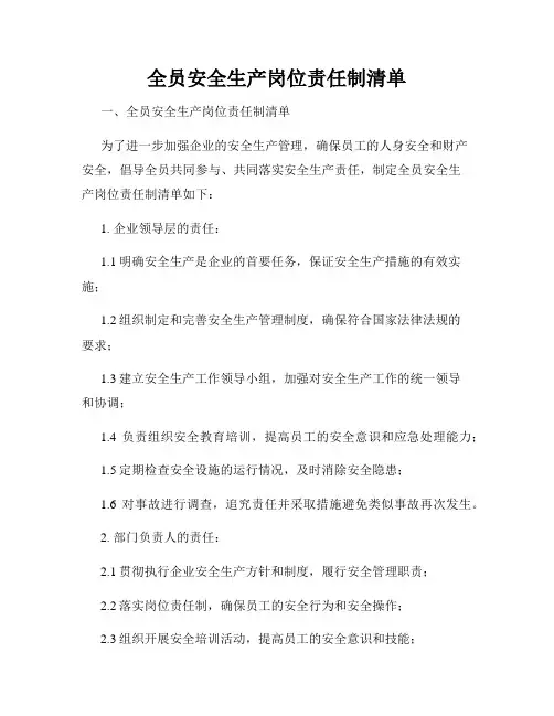全员安全生产岗位责任制清单