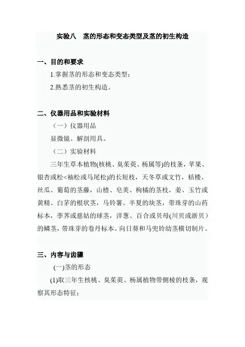 南医大药用植物学实验指导第8项 茎的形态和变态类型及茎的初生构造
