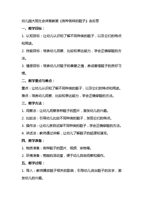 幼儿园大班社会详案教案《各种各样的鞋子》含反思