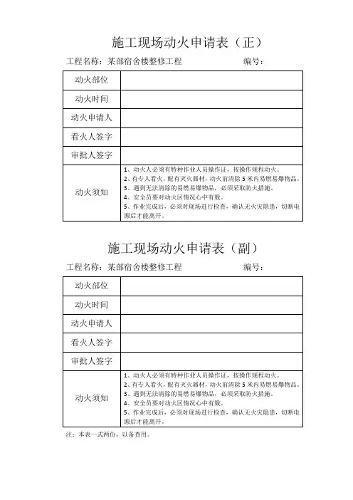 施工现场动火申请表