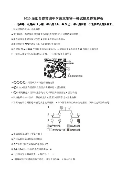2020届烟台市第四中学高三生物一模试题及答案解析