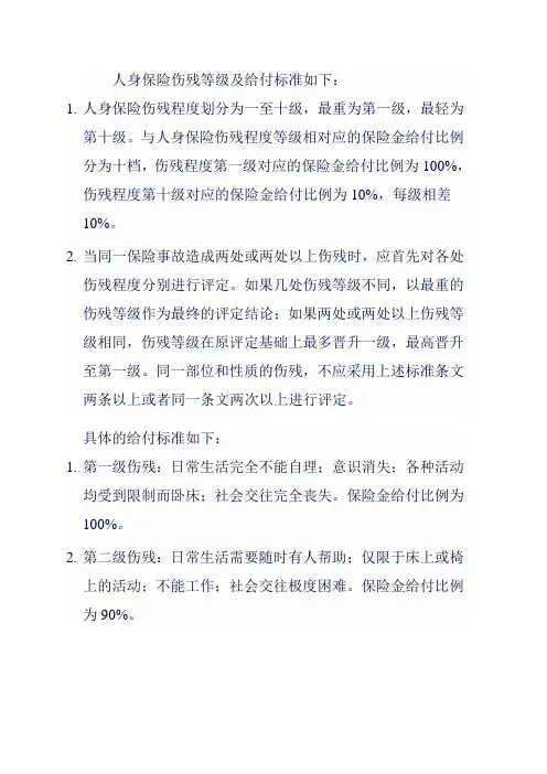 人身保险伤残等级及给付标准