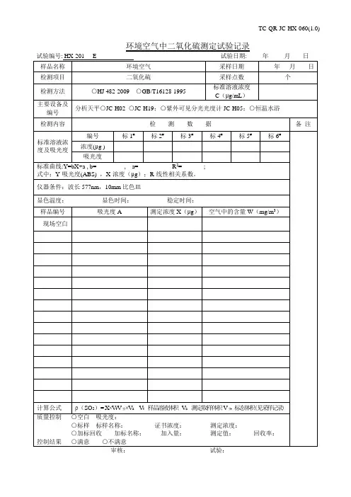 环境空气中二氧化硫的测定原始记录表格