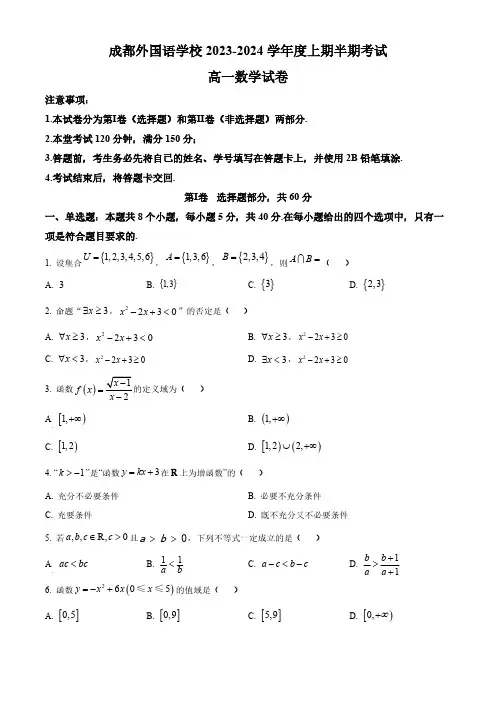 2024学年四川省成都外国语学校高一上学期期中考数学试题及答案