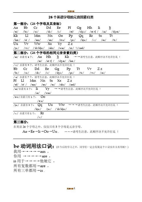 26个英语字母的元音因素归类