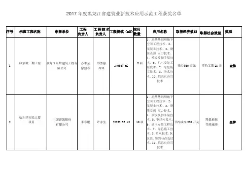 黑龙江省2017年度建筑业新技术应用示范工程获奖名单