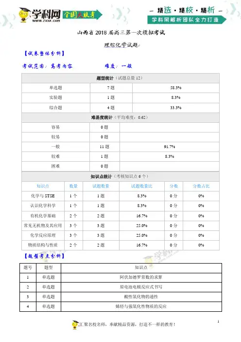 【全国大联考】【山西(新课标Ⅰ)】山西省2018届高三第一次模拟考试理综化学试题(解析版)