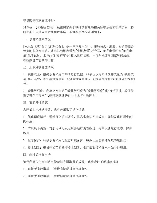 水电站碳排放指标申请书