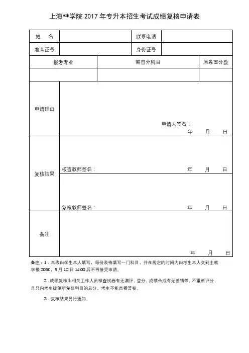 XX学院2017年专升本招生考试成绩复核申请表【模板】