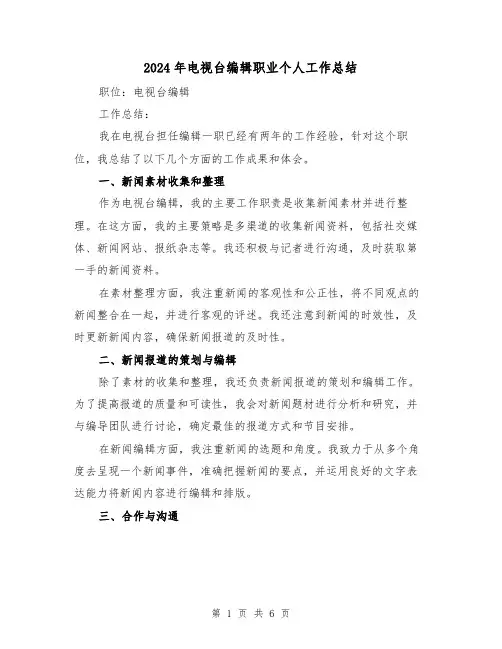2024年电视台编辑职业个人工作总结(二篇)
