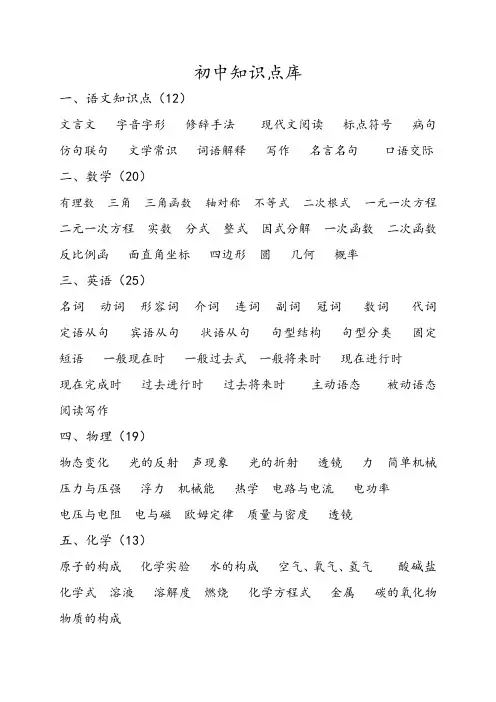 初中各学科知识点大全