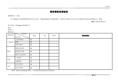 客户满意度调查统计分析表