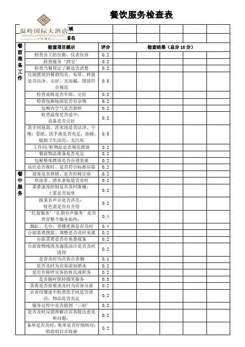 餐饮部服务检查表