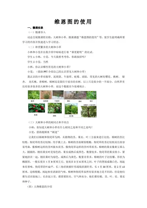 浙教版小学科学三年级上册“植物”单元《大树和小草》维恩图的使用