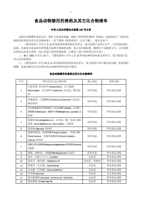 食品动物禁用的兽药及其它化合物清单