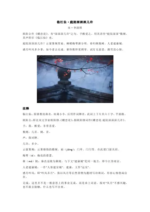 李清照《临江仙·庭院深深深几许》全诗注释翻译及赏析