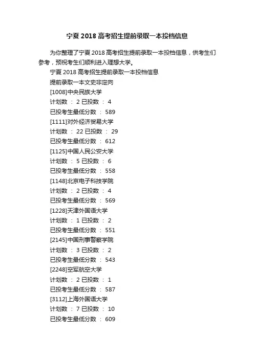 宁夏2018高考招生提前录取一本投档信息